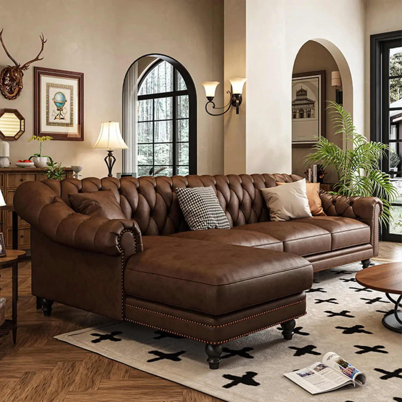 Vintage Brown Cow Leather Sofa Chaise with Nailhead Trim Image - 2 | homeyfad