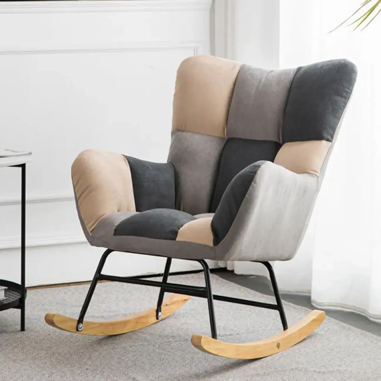 Modern Upholstered Ergonomic Rocking Chair with Round Arm Image - 21