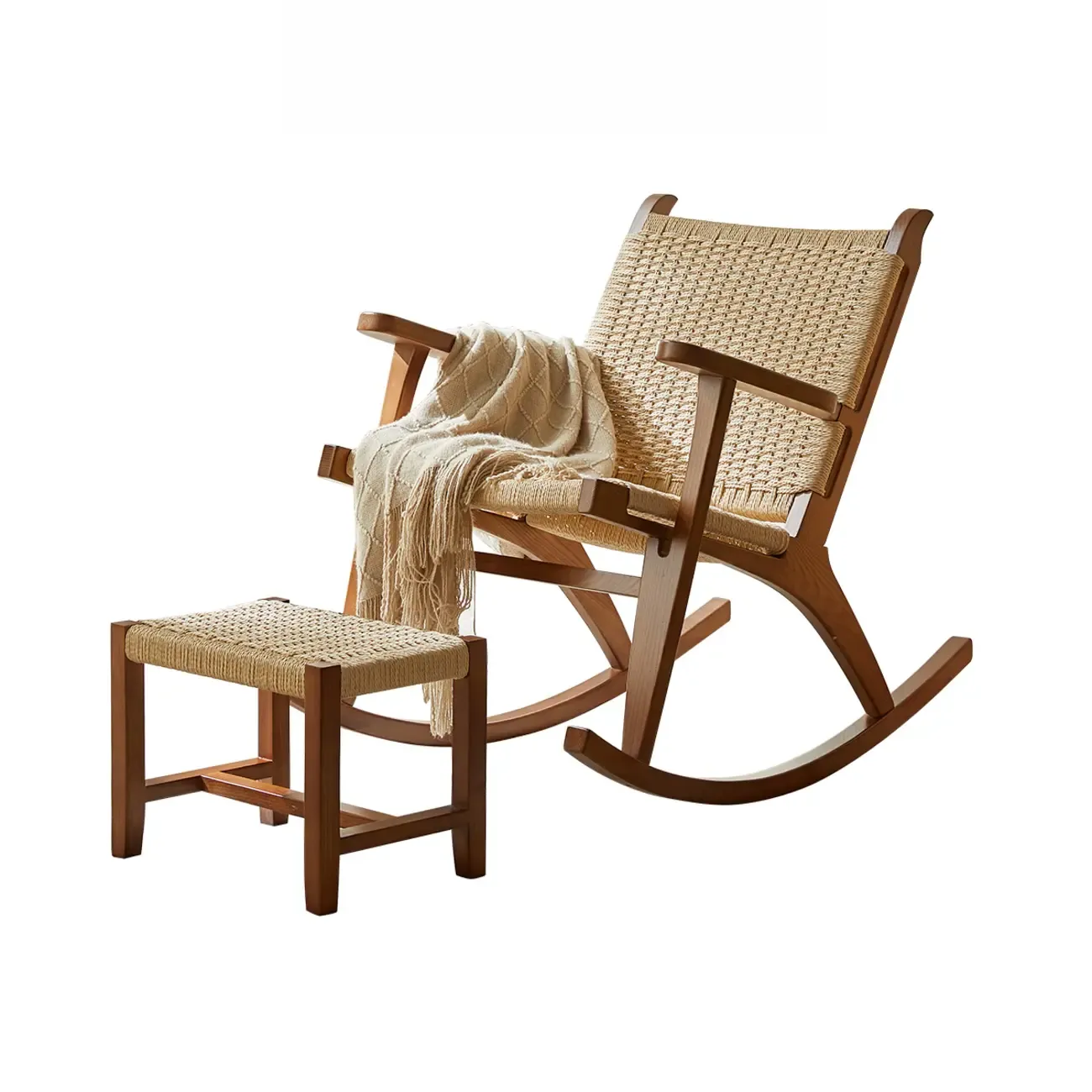 Vintage Natural Wooden Rocking Chair with Optional Ottoman Image - 7