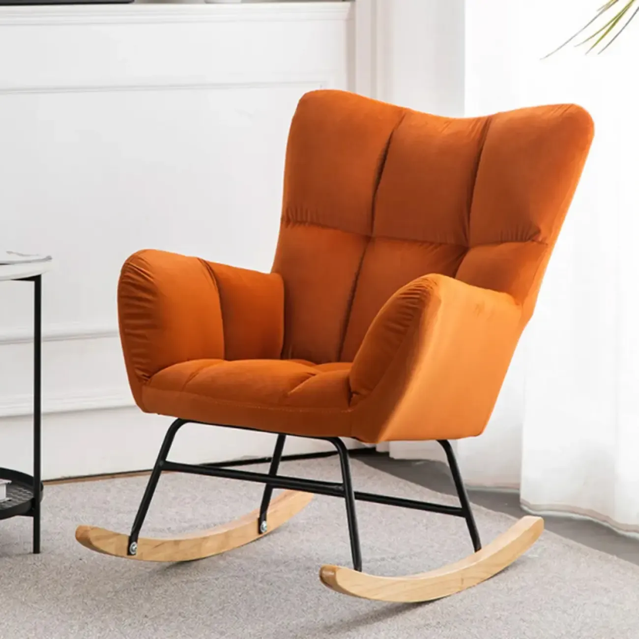 Modern Upholstered Ergonomic Rocking Chair with Round Arm Image - 22