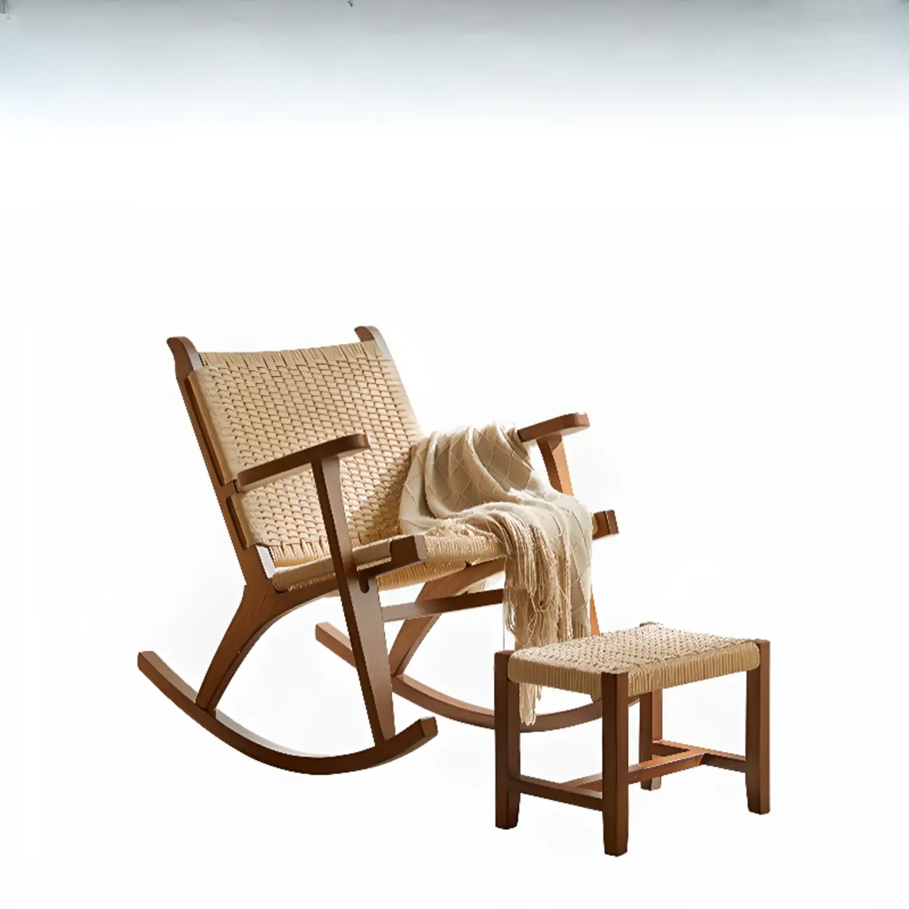 Vintage Natural Wooden Rocking Chair with Optional Ottoman Image - 8
