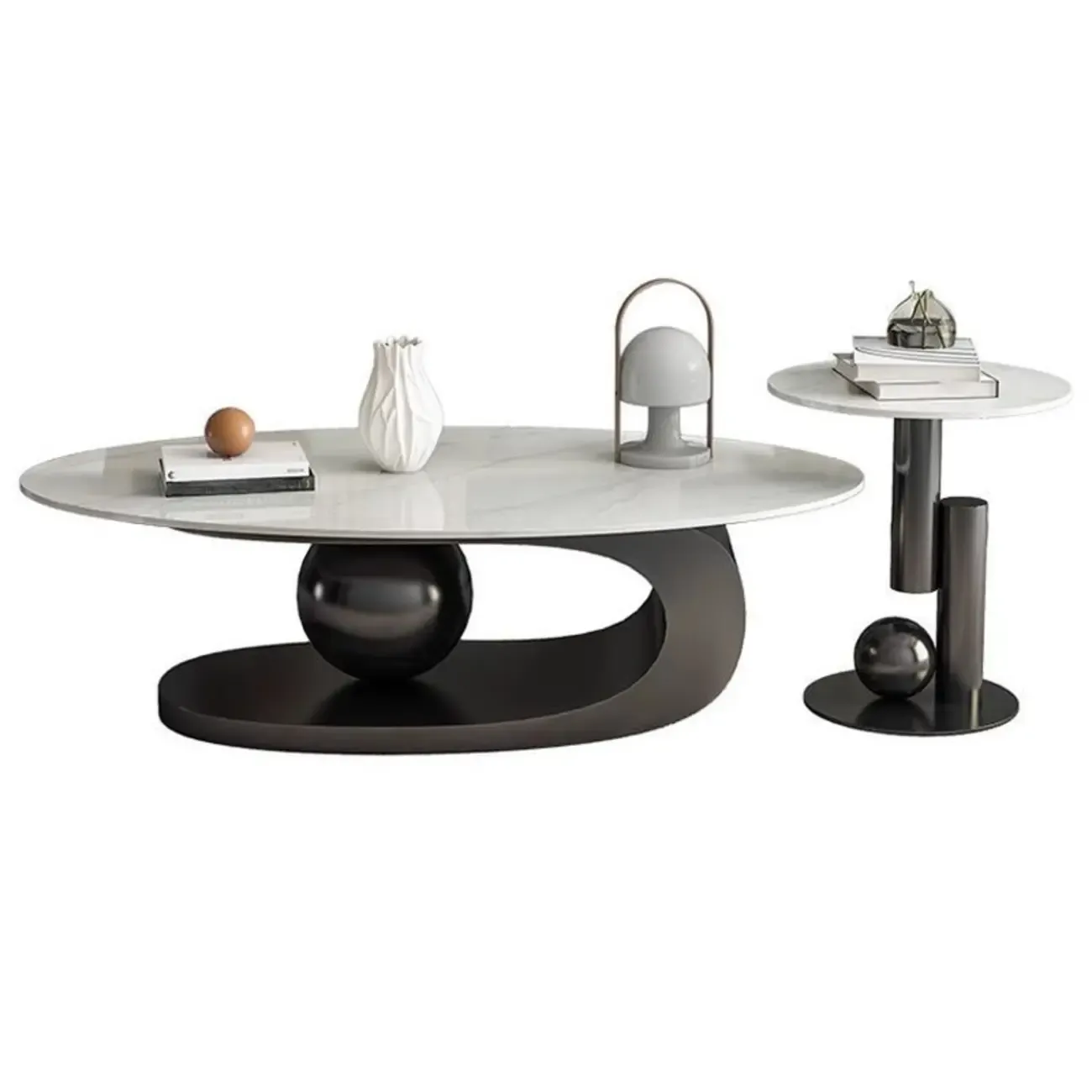 Modern Light Luxury White Oval Coffee Table with Metal Base Image - 6