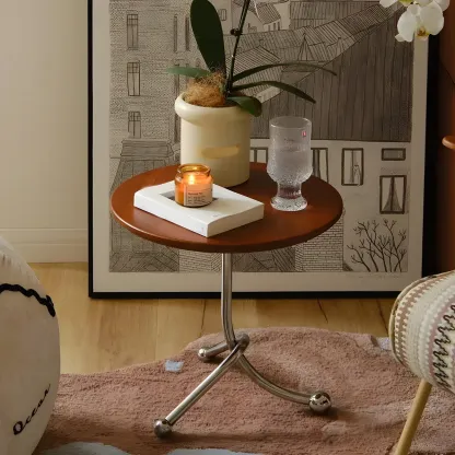 Round Wood End Table for Living Room with 3 Metal Legs Image - 1