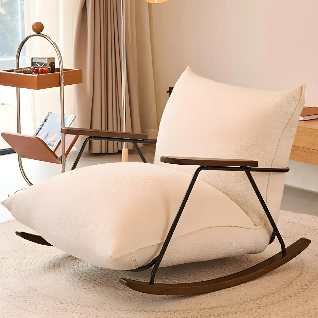 Modern Upholstered Rocking Chair with Spindle Back in Beige Image - 1