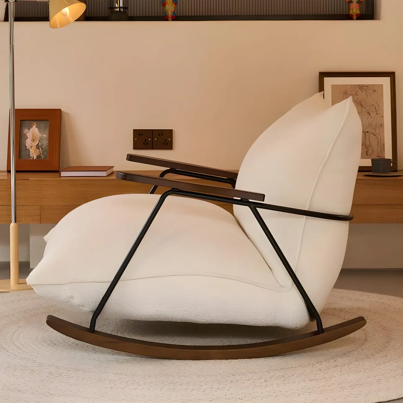 Modern Upholstered Rocking Chair with Spindle Back in Beige Image - 2 | homeyfad