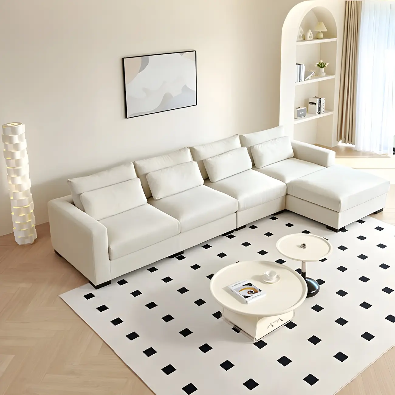 Off-White Cotton and Linen Sectional Sofa with Square Arms Image - 1 | homeyfad