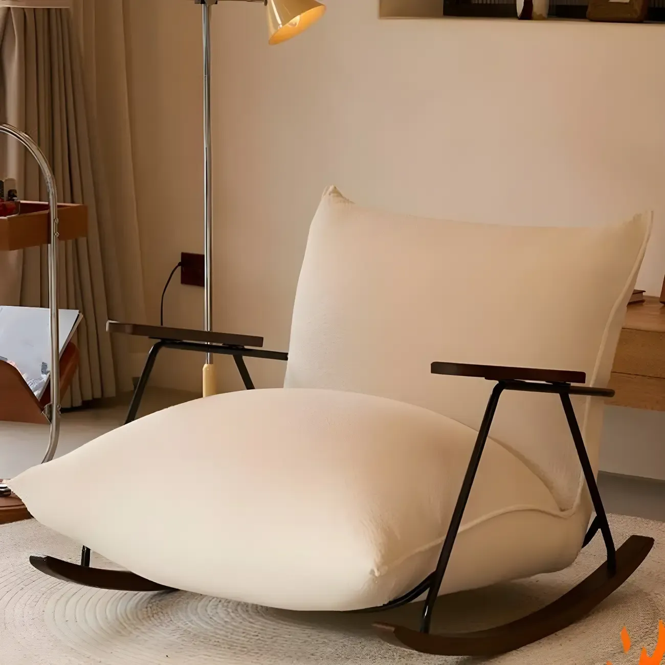 Modern Upholstered Rocking Chair with Spindle Back in Beige Image - 3