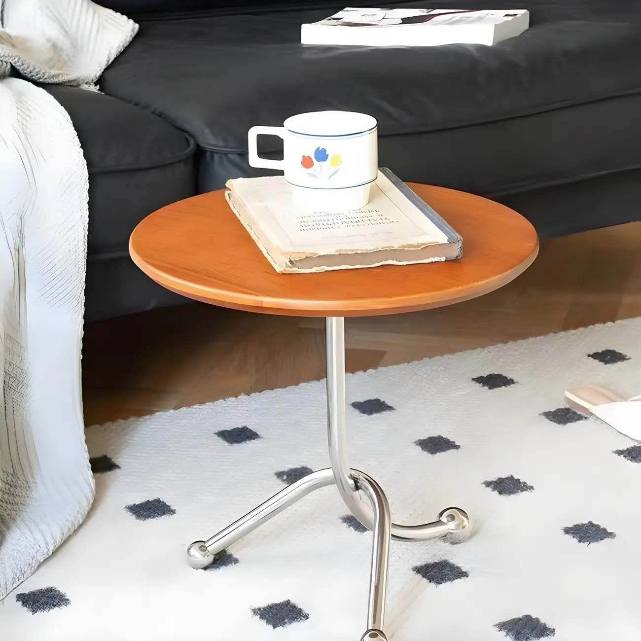 Round Wood End Table for Living Room with 3 Metal Legs Image - 7 | homeyfad