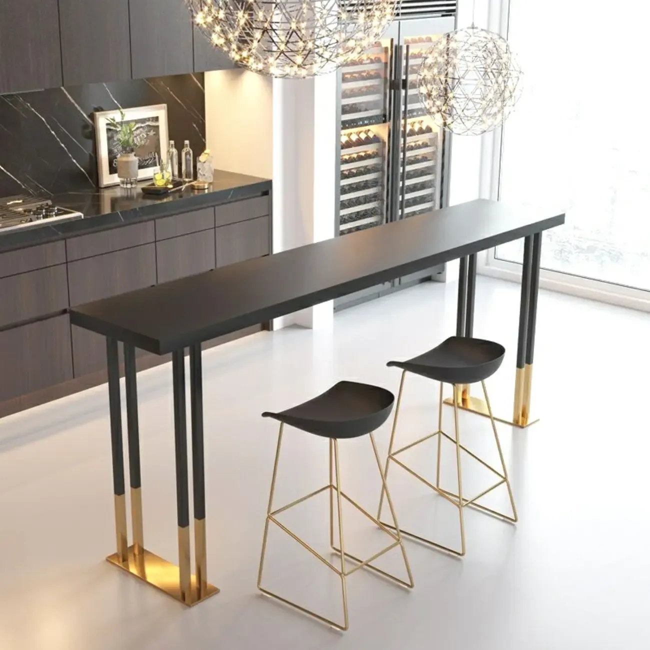Luxury Black Metal Height Bar Table with Golden Legs for 8 People Image - 2