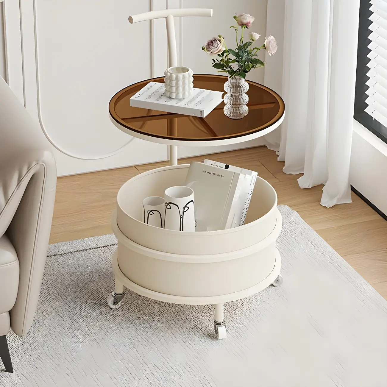 White Small Rolling Side Table with Storage for Living Room Image - 1 | homeyfad
