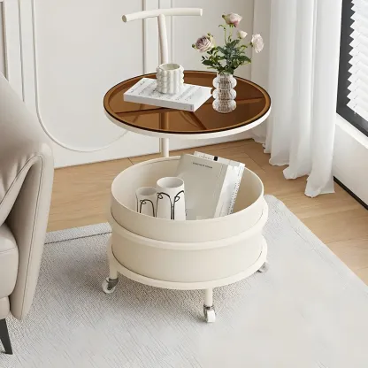 White Small Rolling Side Table with Storage for Living Room Image - 1