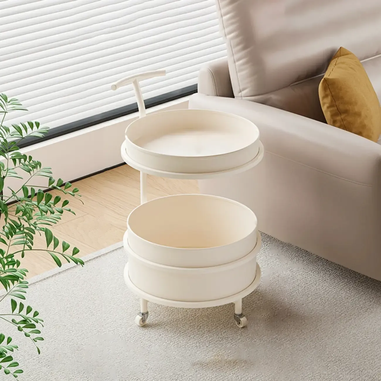 White Small Rolling Side Table with Storage for Living Room Image - 2