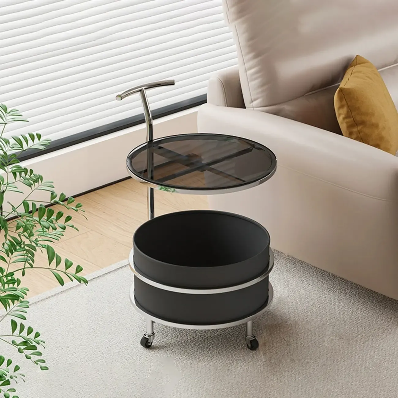 White Small Rolling Side Table with Storage for Living Room Image - 3