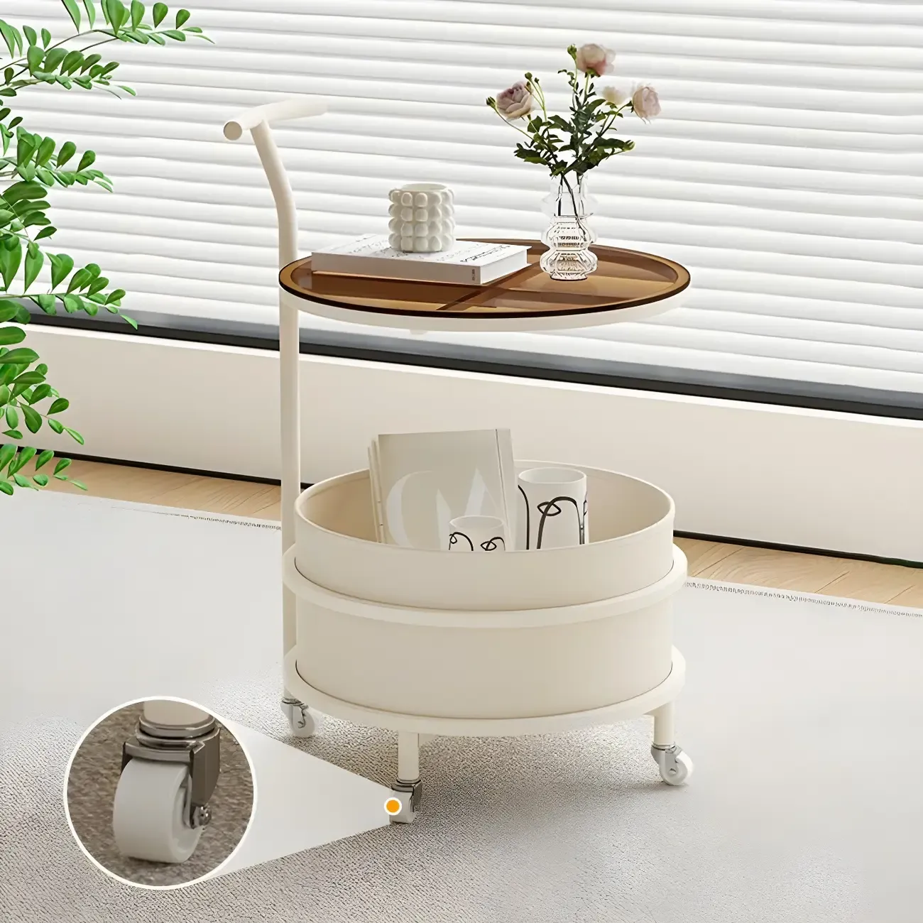 White Small Rolling Side Table with Storage for Living Room Image - 4