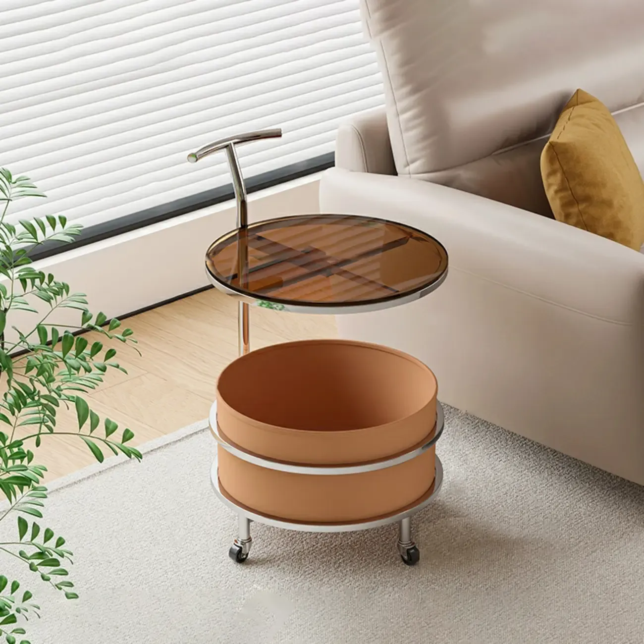 White Small Rolling Side Table with Storage for Living Room Image - 5