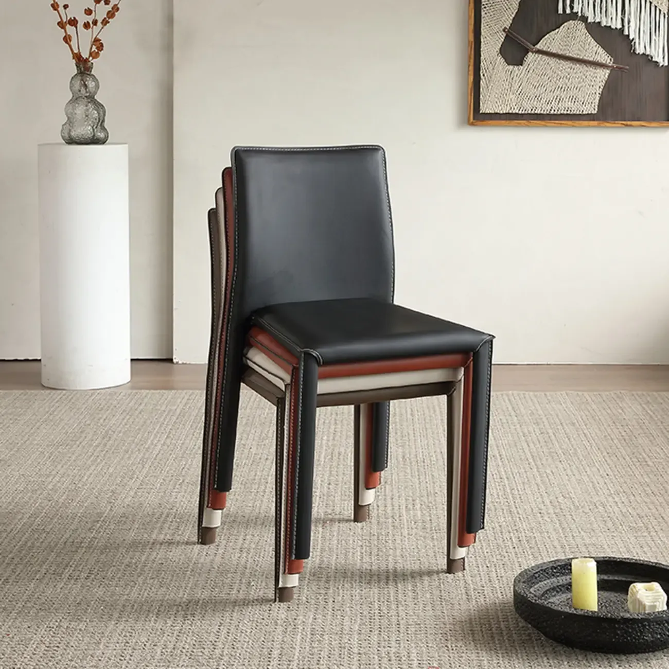 Minimalist Stackable Faux Leather Side Armless Dining Chair Image - 1