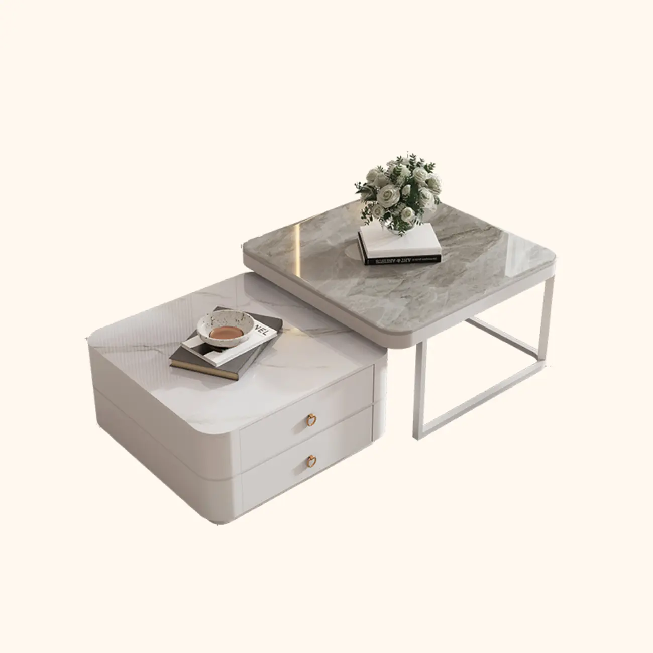 Modern Rectangular Marble Coffee Table Set with Drawers  Image - 2 | homeyfad