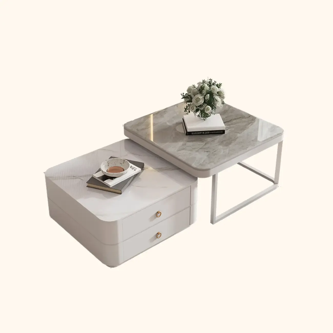 Modern Rectangular Marble Coffee Table Set with Drawers  Image - 2