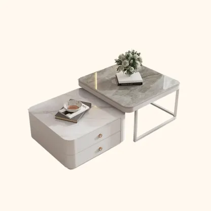 Modern Rectangular Marble Coffee Table Set with Drawers  Image - 2