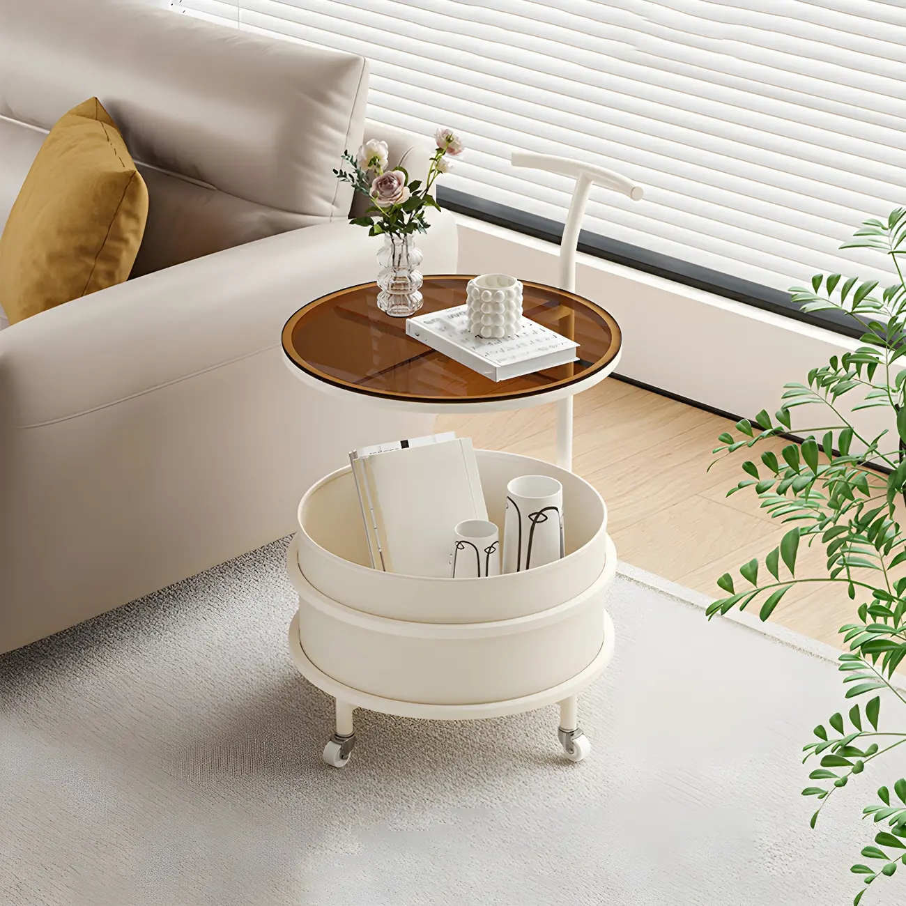 White Small Rolling Side Table with Storage for Living Room Image - 6 | homeyfad