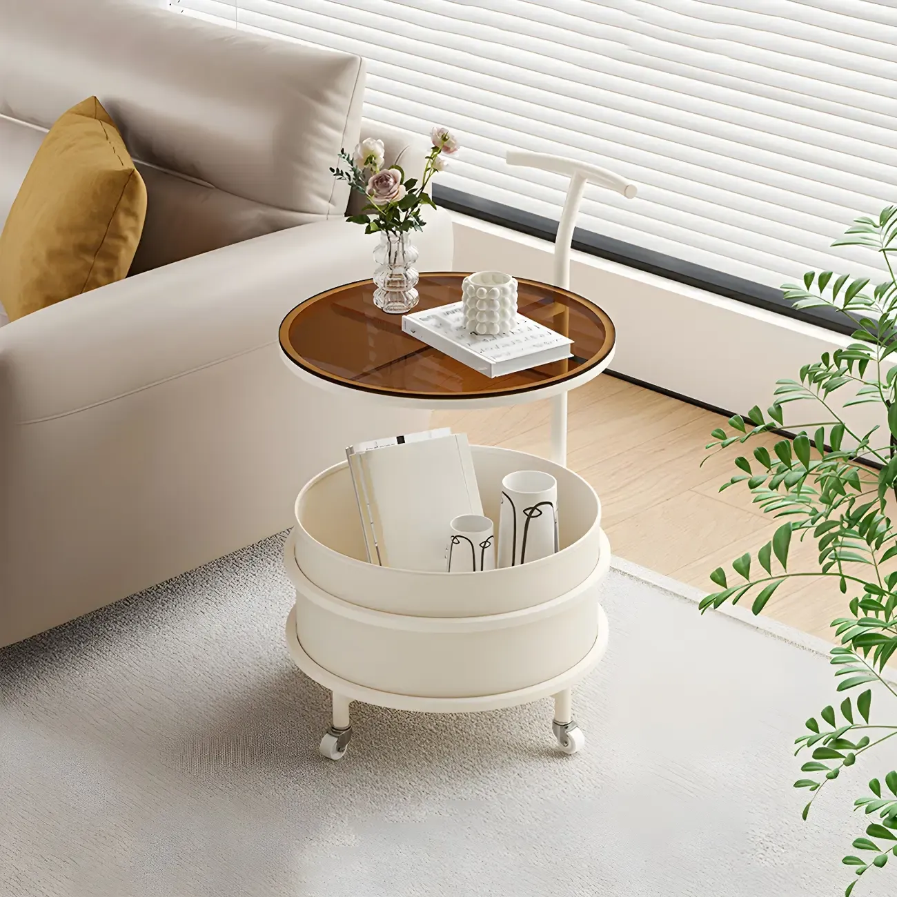White Small Rolling Side Table with Storage for Living Room Image - 6