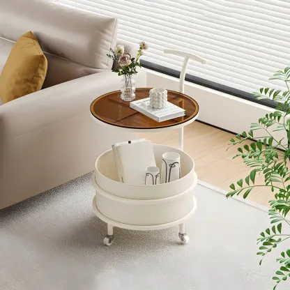 White Small Rolling Side Table with Storage for Living Room Image - 6