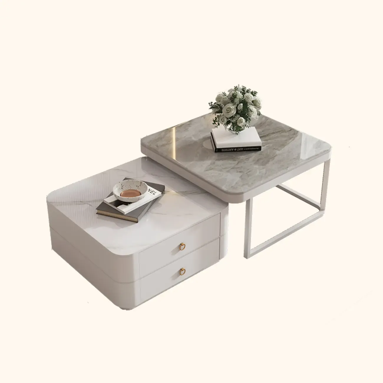 Modern Rectangular Marble Coffee Table Set with Drawers  Image - 3