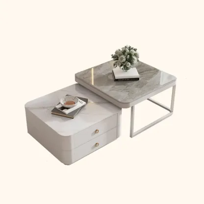 Modern Rectangular Marble Coffee Table Set with Drawers  Image - 3