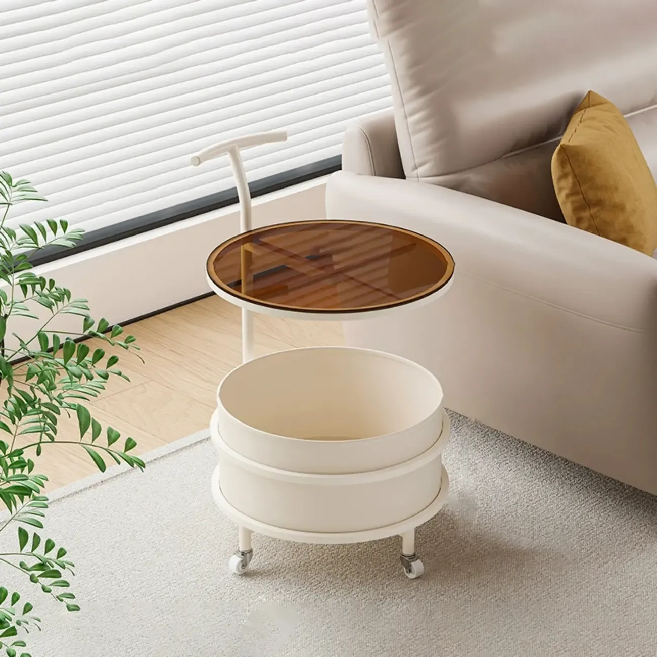 White Small Rolling Side Table with Storage for Living Room Image - 7