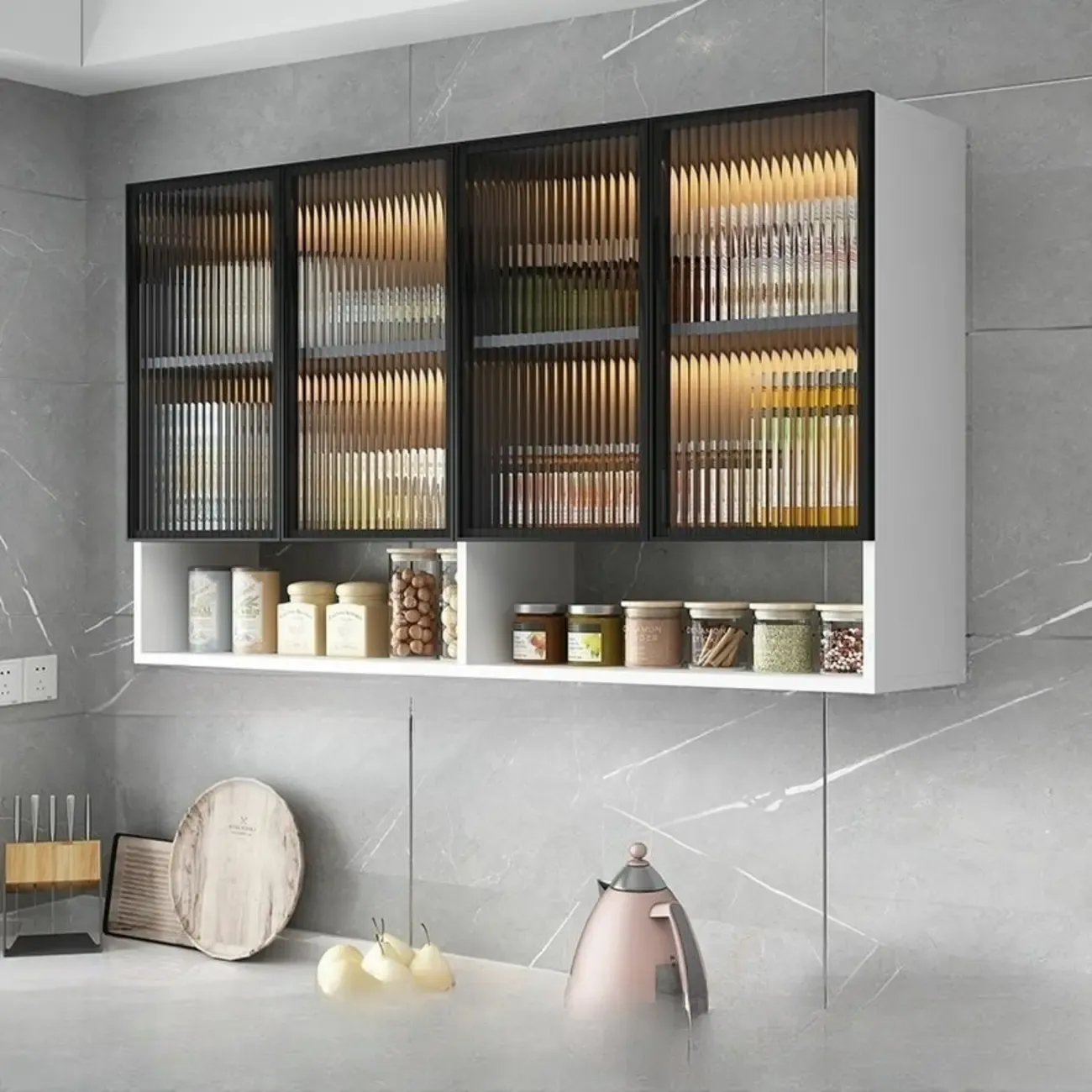 Modern Wood Wall-Mounted Display Cabinet with Glass Image - 7