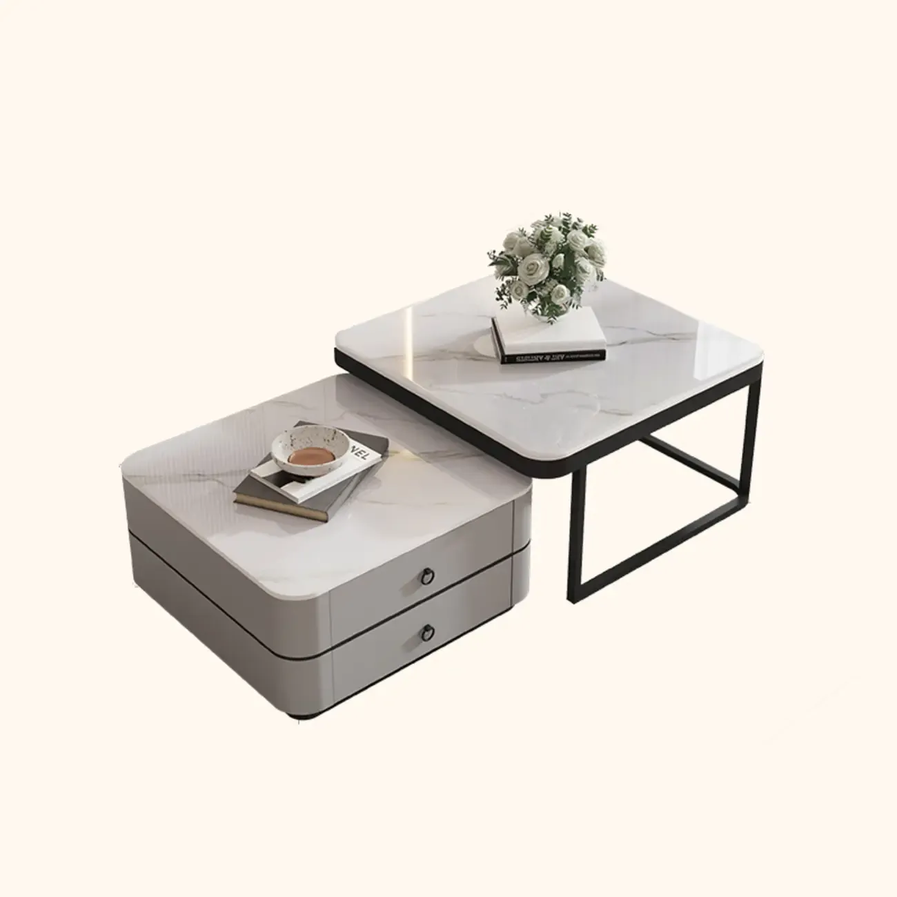 Modern Rectangular Marble Coffee Table Set with Drawers  Image - 5