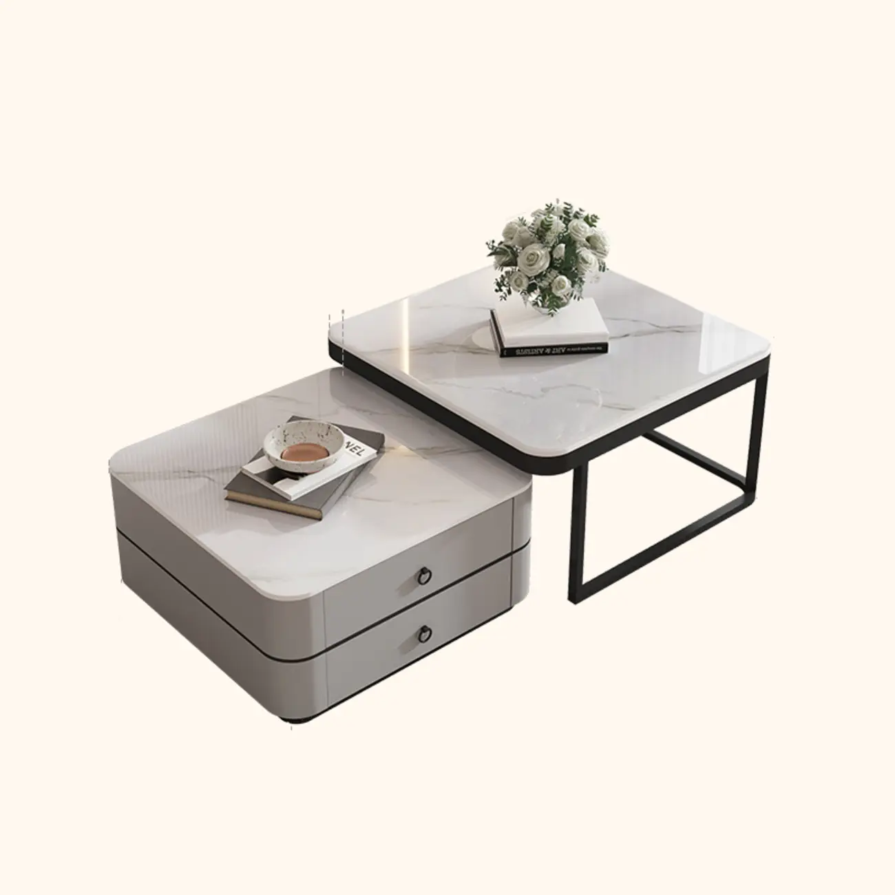 Modern Rectangular Marble Coffee Table Set with Drawers  Image - 8 | homeyfad