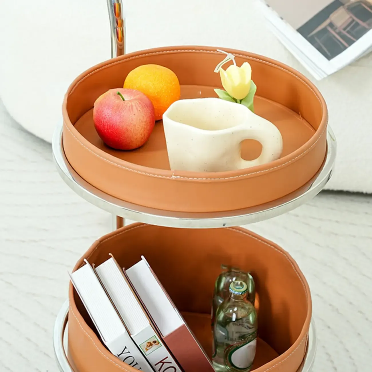 White Small Rolling Side Table with Storage for Living Room Image - 12