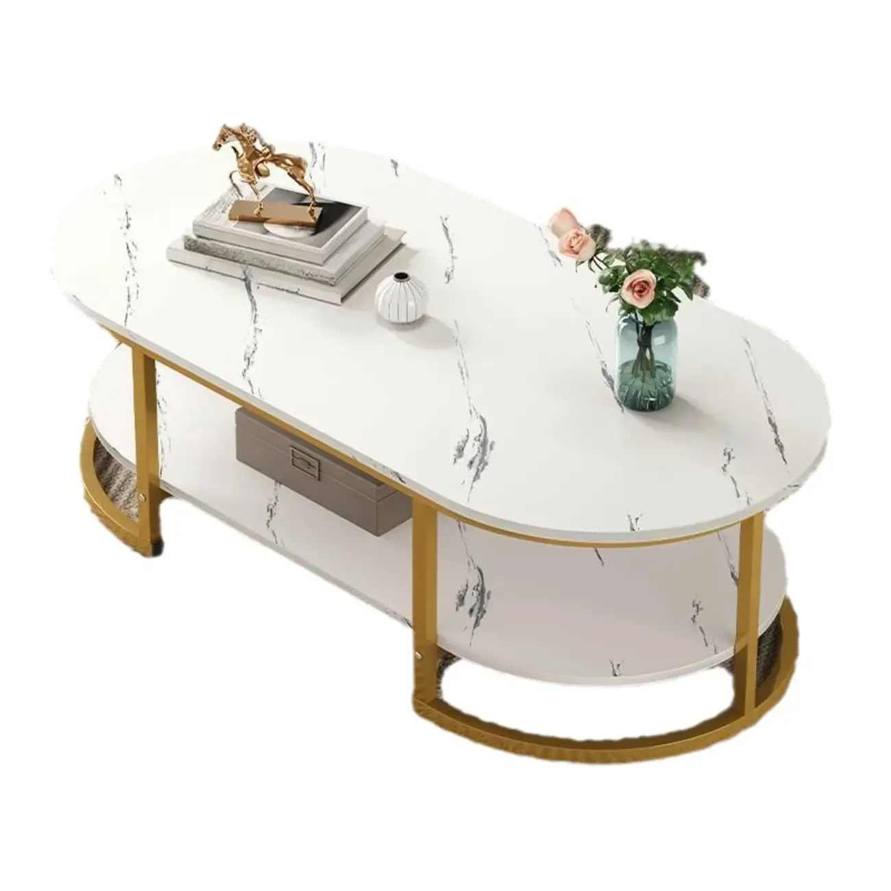Modern Black Marble Coffee Table with A Shelf & Gold Frame Image - 6