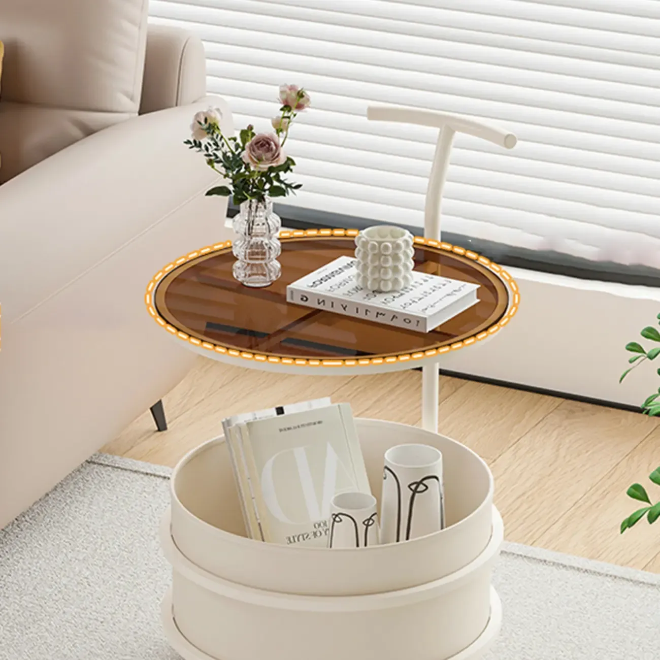 White Small Rolling Side Table with Storage for Living Room Image - 13