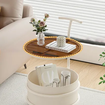White Small Rolling Side Table with Storage for Living Room Image - 13