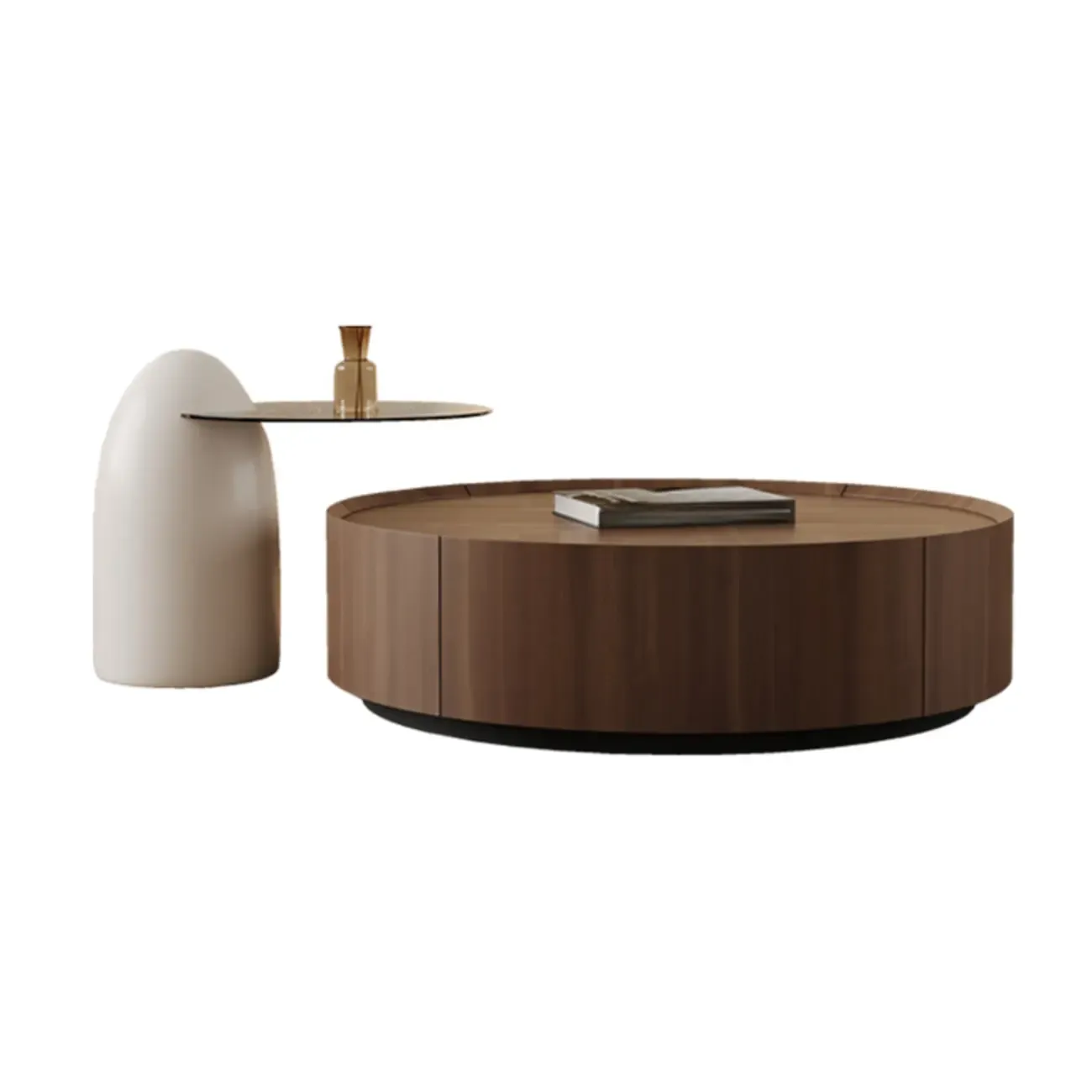 Brown Nesting Tray Wooden Round Coffee Table with 2 Drawers  Image - 7