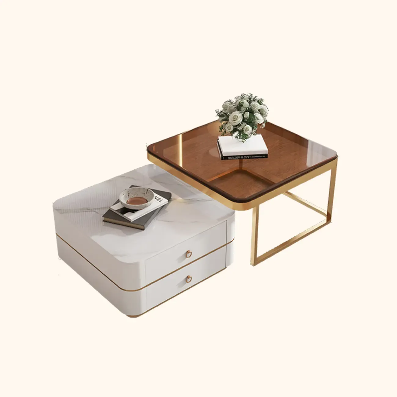 Modern Rectangular Marble Coffee Table Set with Drawers  Image - 10