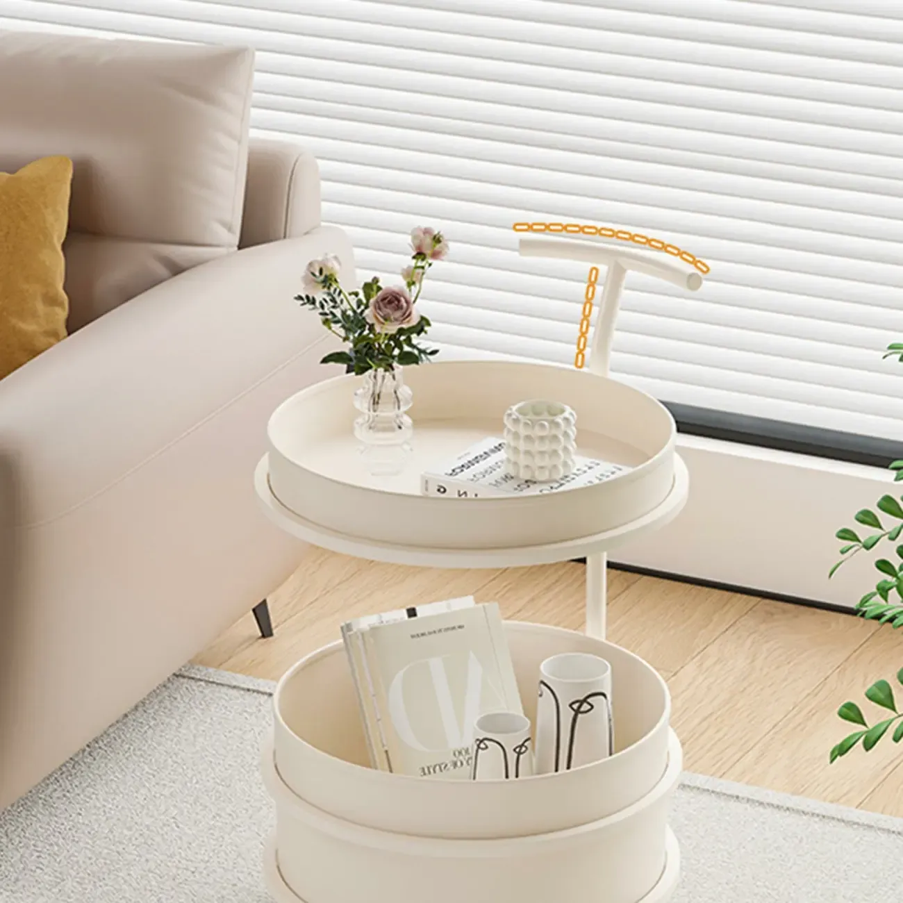 White Small Rolling Side Table with Storage for Living Room Image - 14