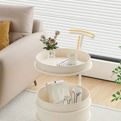 White Small Rolling Side Table with Storage for Living Room Image - 14