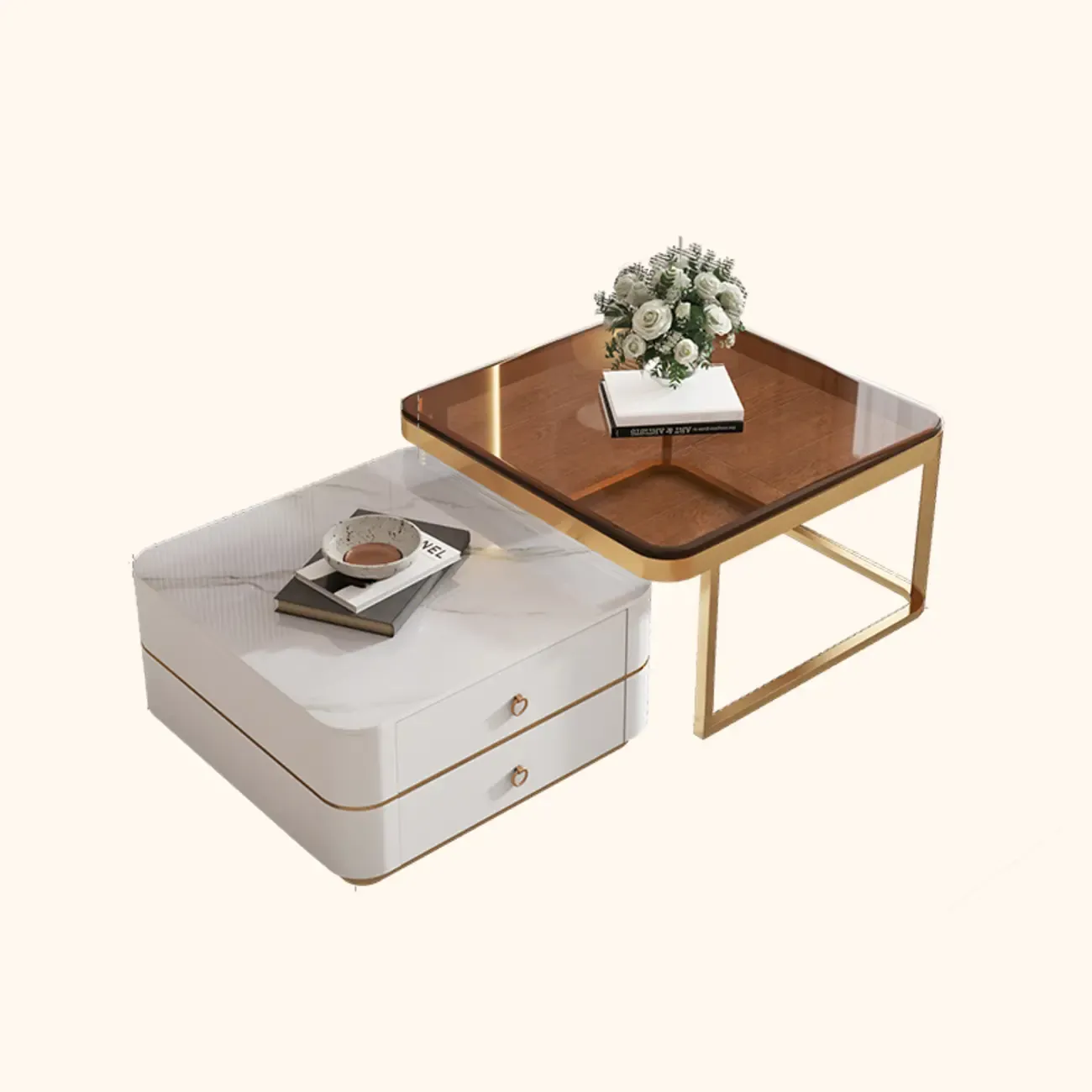 Modern Rectangular Marble Coffee Table Set with Drawers  Image - 11