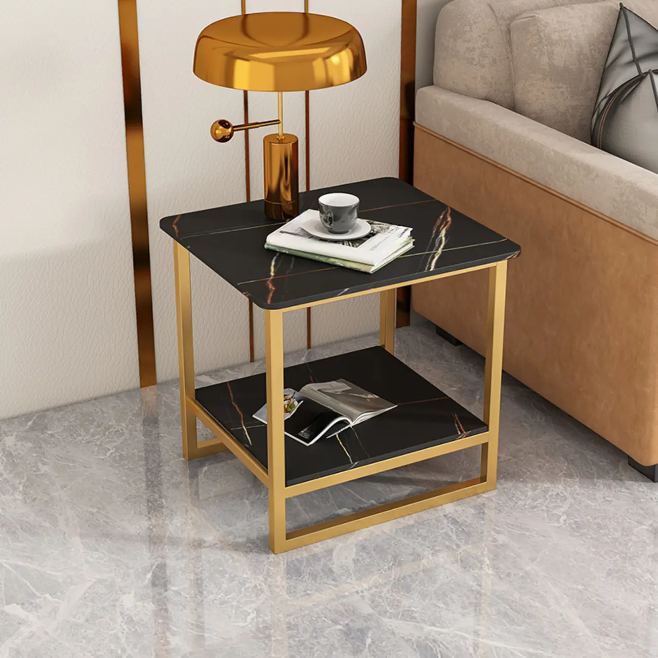 Glam Black Marble Side Table with Storage for Living Room Image - 1 | homeyfad