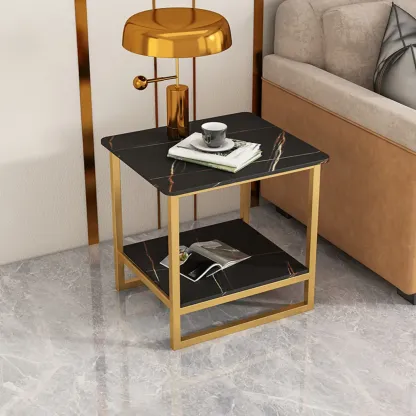 Glam Black Marble Side Table with Storage for Living Room Image - 1