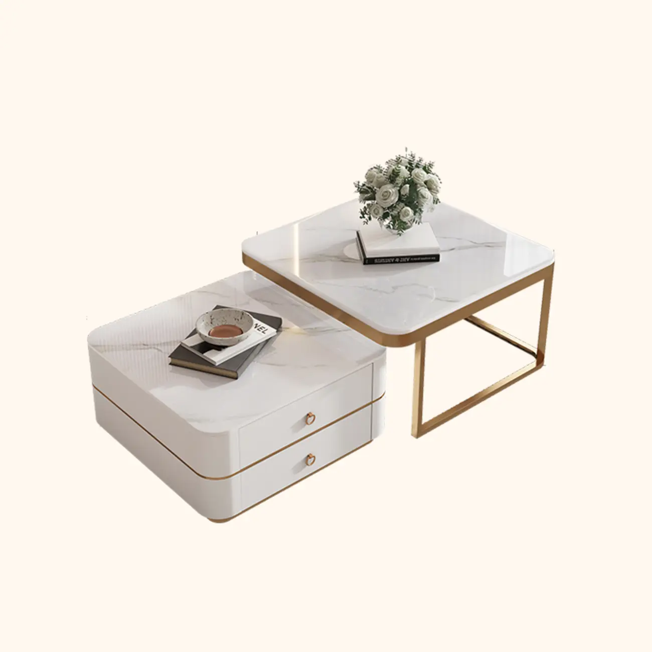 Modern Rectangular Marble Coffee Table Set with Drawers  Image - 13 | homeyfad
