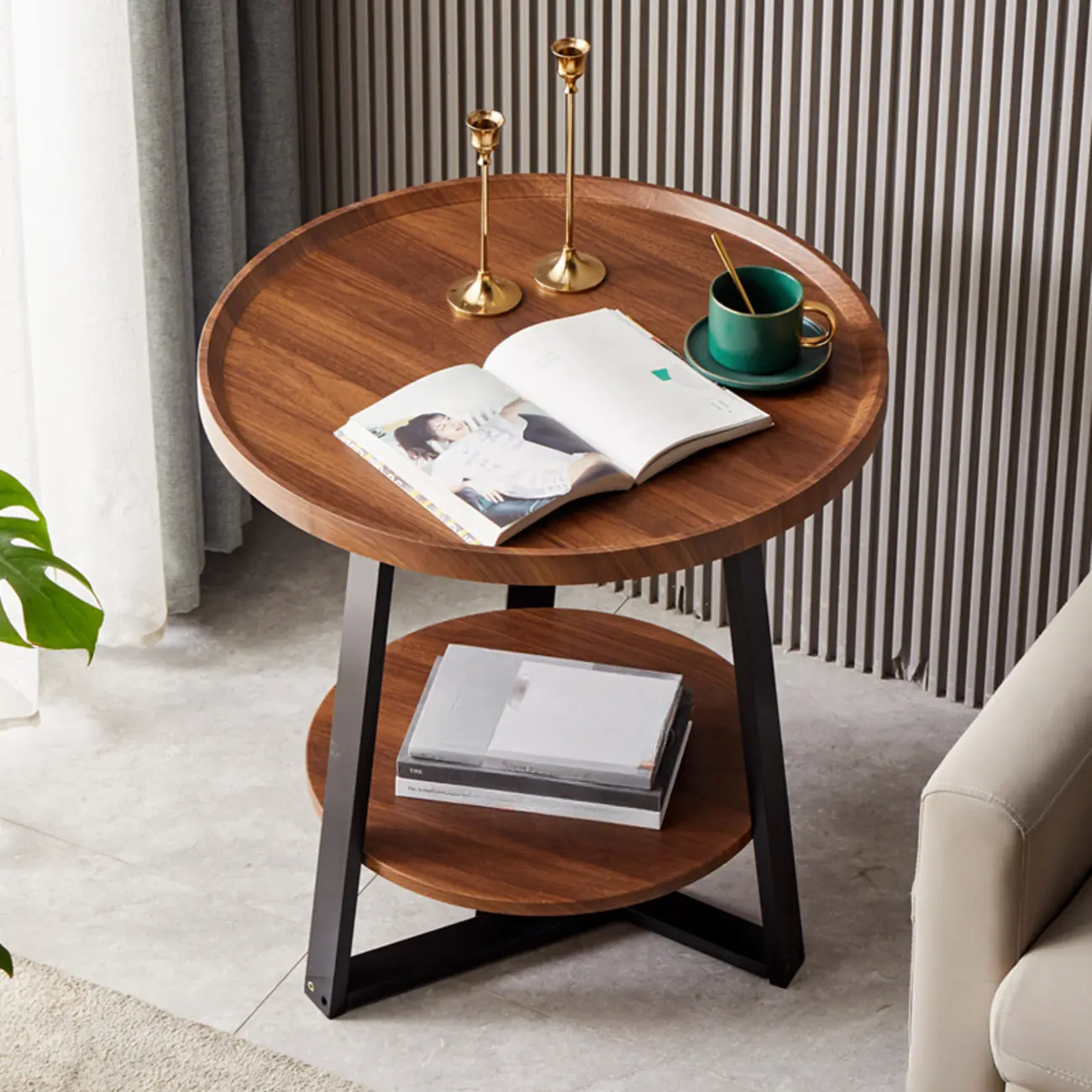  Natural Solid Wood Tray Top End Table with Storage Shelf Image - 2 | homeyfad