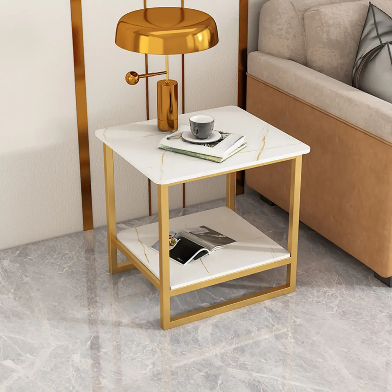 Glam Black Marble Side Table with Storage for Living Room Image - 2