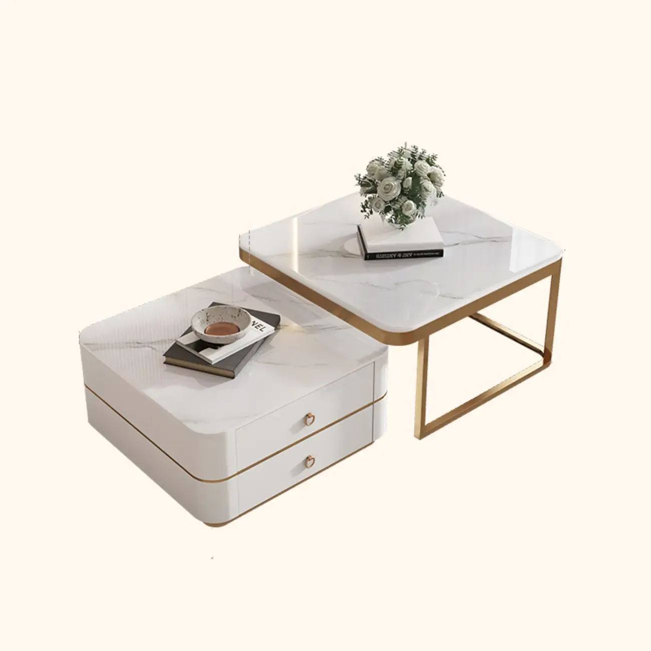 Modern Rectangular Marble Coffee Table Set with Drawers  Image - 14