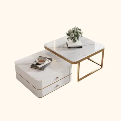 Modern Rectangular Marble Coffee Table Set with Drawers  Image - 14