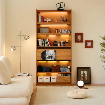 Traditional Wooden Open Display Cabinet with Storage for Living Room Image - 2