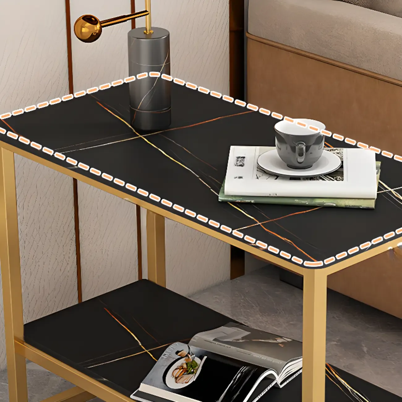 Glam Black Marble Side Table with Storage for Living Room Image - 4